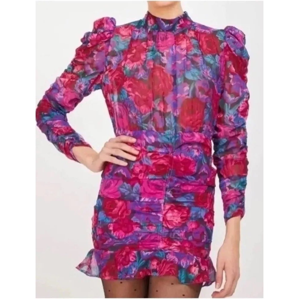 Generation Love Pink Purple Floral Ruched Mock‎ Neck Mini Dress Size M ff